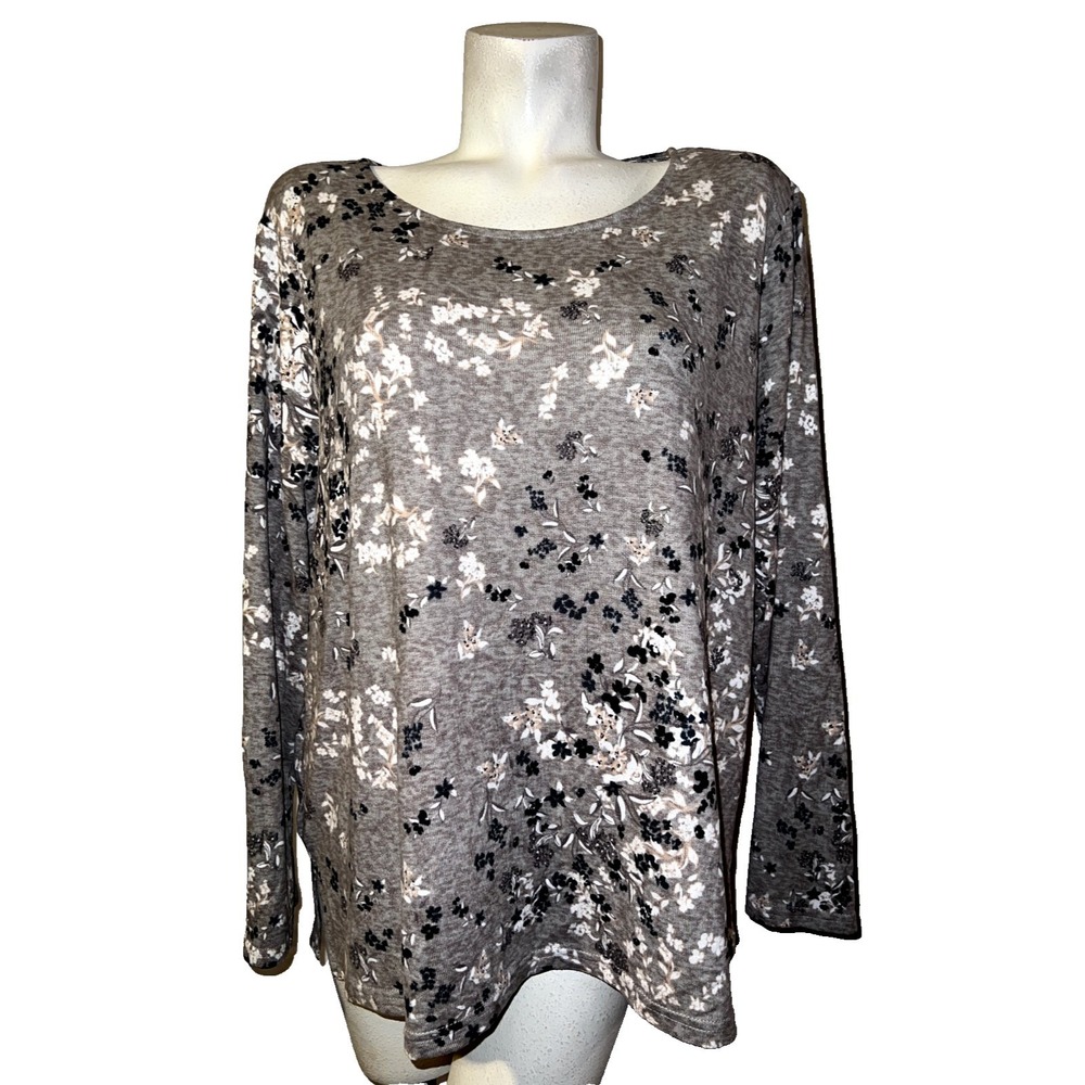 Mario Serrani Italy Womens XXL Grey Floral Long Sleeve Scoop Neck Jersey Top